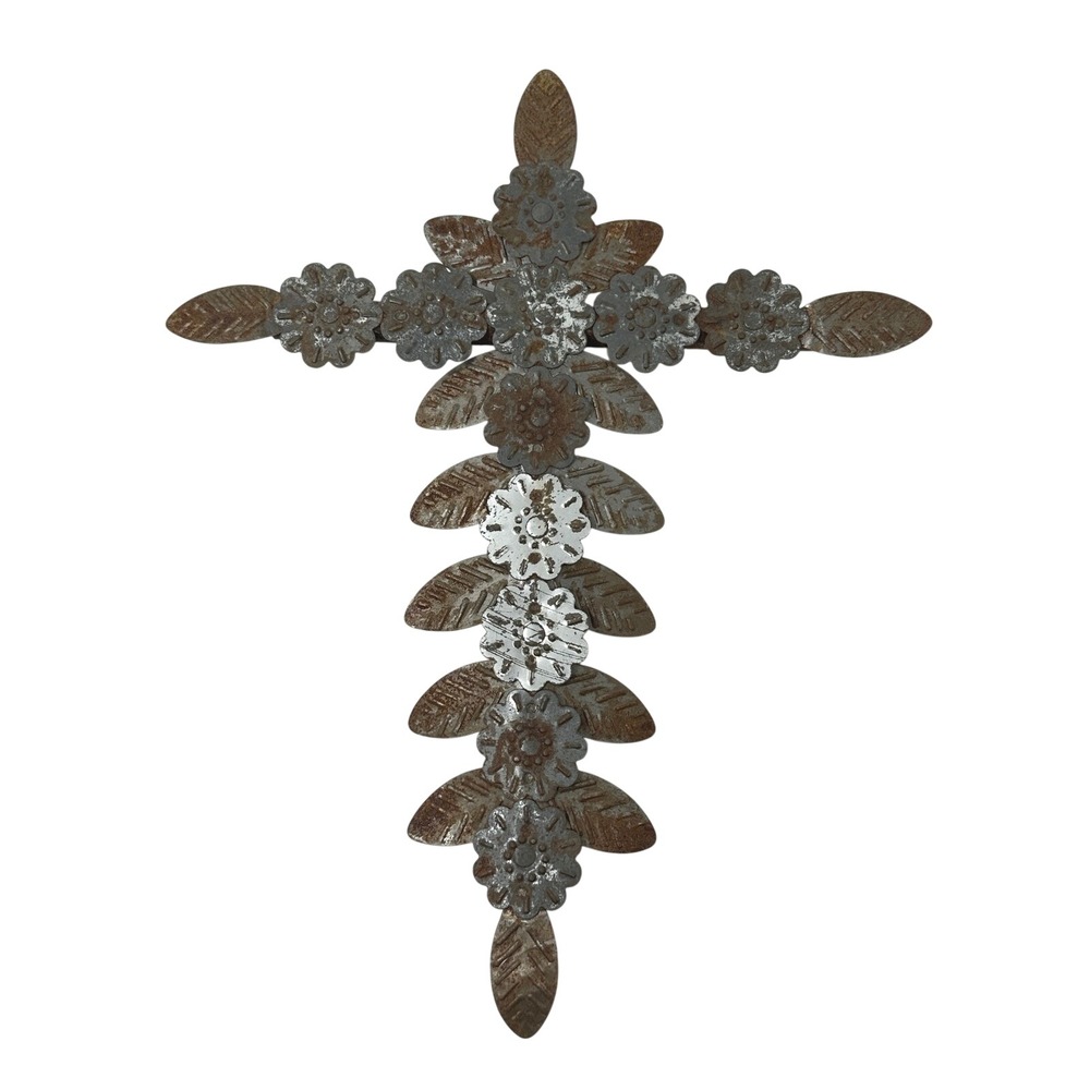 Rustic Distressed Metal Floral Wall Cross Brown Silver Weathered Farmhouse 11.5"